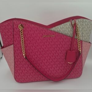 Michael Kors Jet Set Large Chain Tote Handbag In Electric Pink Multi Color